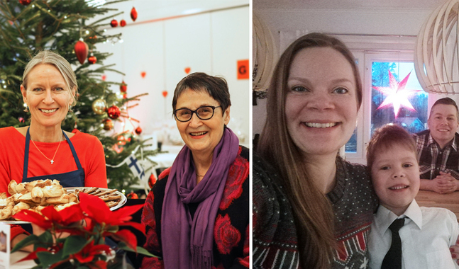 Välkommen till Matteus för att fira jul med bland andra diakoniarbetare Mari Johnson och frivilligarbetarna Marina Alén och Annica Söderström, eller till Petrus där julaftonen firas hemma hos Rebecka och Daniel Björk med familj.
