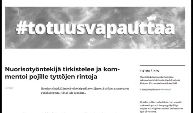 På webbsidan totuusvapauttaa.fi kan man ta del av berättelser om övergrepp i kyrkliga miljöer.