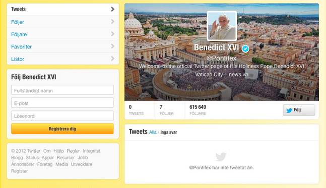 Imorgon sänder påven Benedictus XVI sitt första twitter.