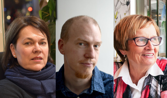 Martina Harms-Aalto, Patrik Hagman och Ulla-Maj Wideroos kandiderar för valmansföreningen "En kyrka för alla".